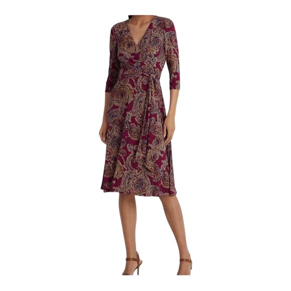 Lauren Ralph Lauren Dress 10 Paisley Surplice Jersey Burgundy Multi Red New - Picture 1 of 12